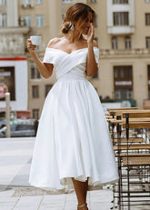 Evangeline | Elegant A Line Off the Shoulder Strapless White Satin Midi Wedding Dress - Price #price_variant_lowest# - White - PromDressClub